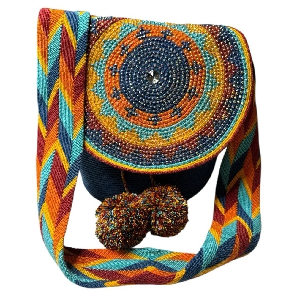 Wayuu Crystal Medallion Crochet Pom Pom Bag Flap Top